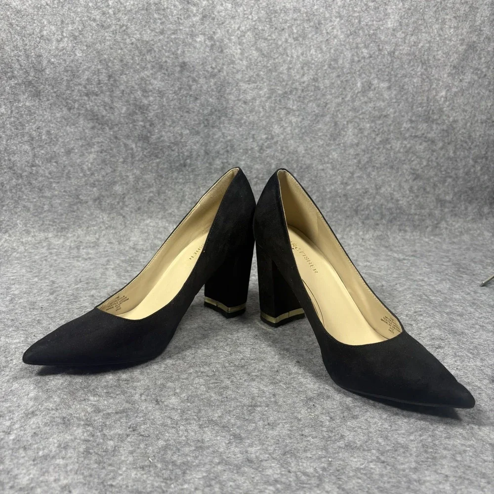 Marc Fisher Gildy Black Pointed Toe Block Heel Pumps Gold Accent MFGILDY5-R 7M